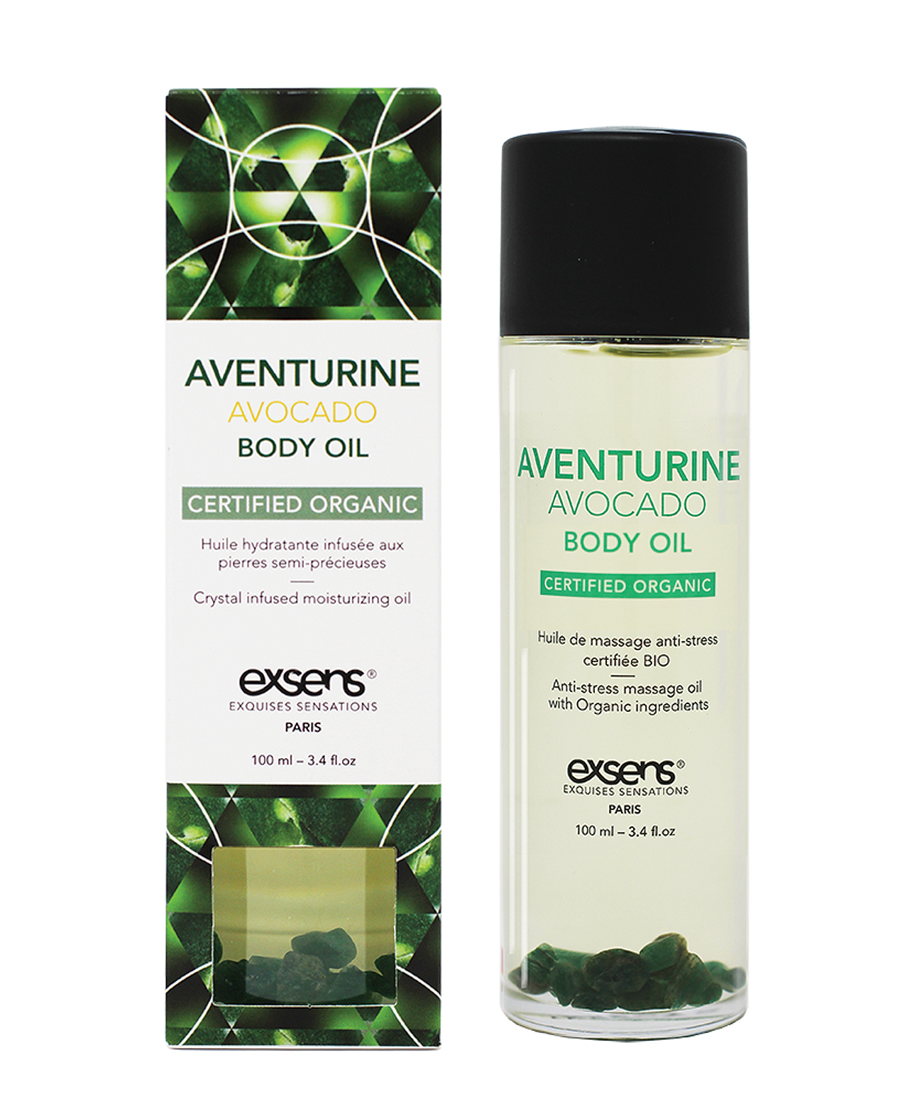 EXSENS of Paris Organic Body Oil with Stones - Adventurine Avocado