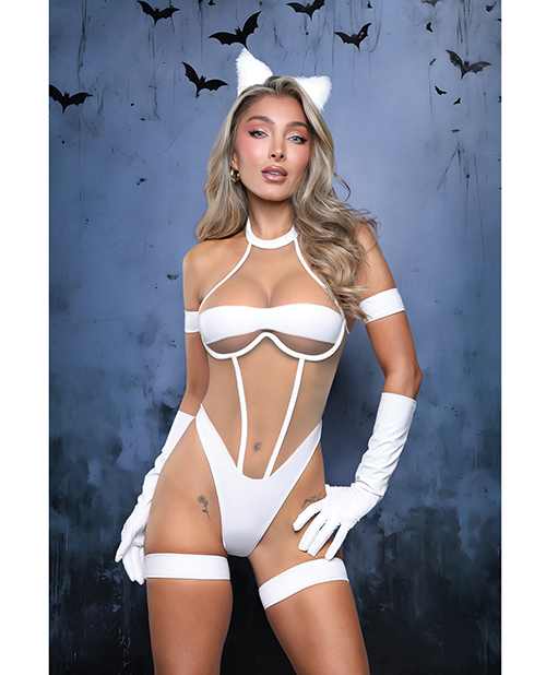 Midnight Purr Sheer Nude Mesh Teddy with Glove, Armbands, Garters, & Cat Ears