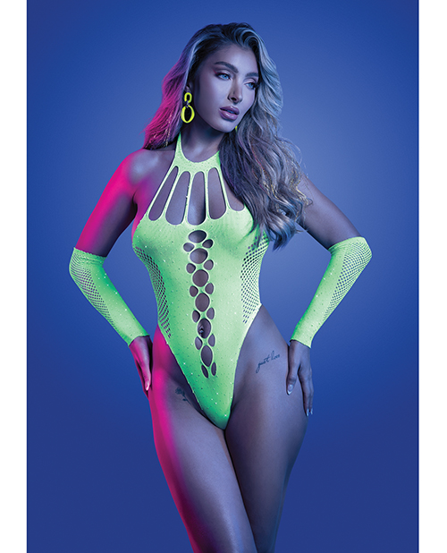 Pressure Point UV Reactive Rhinestone Studded Teddy & Gloves/Leg Warmers 2 pc Set