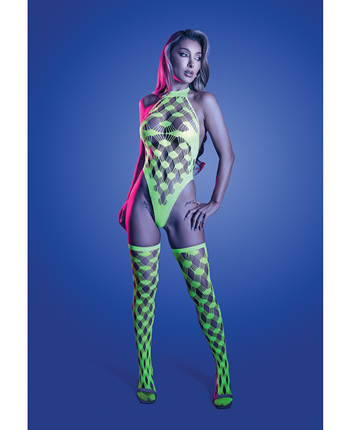 Adrenaline Halter Teddy & Stockings in Geometric Rhinestone Diamond Fishnet