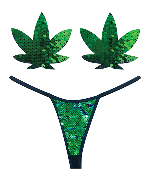 Neva Nude Naughty Knix Weed Leaf Sequin G-String & Pasties