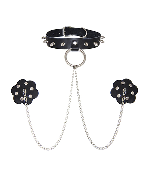 Neva Nude Burlesque Slave 4 U Chain Neck Choker Leather Reusable Silicone Pasties